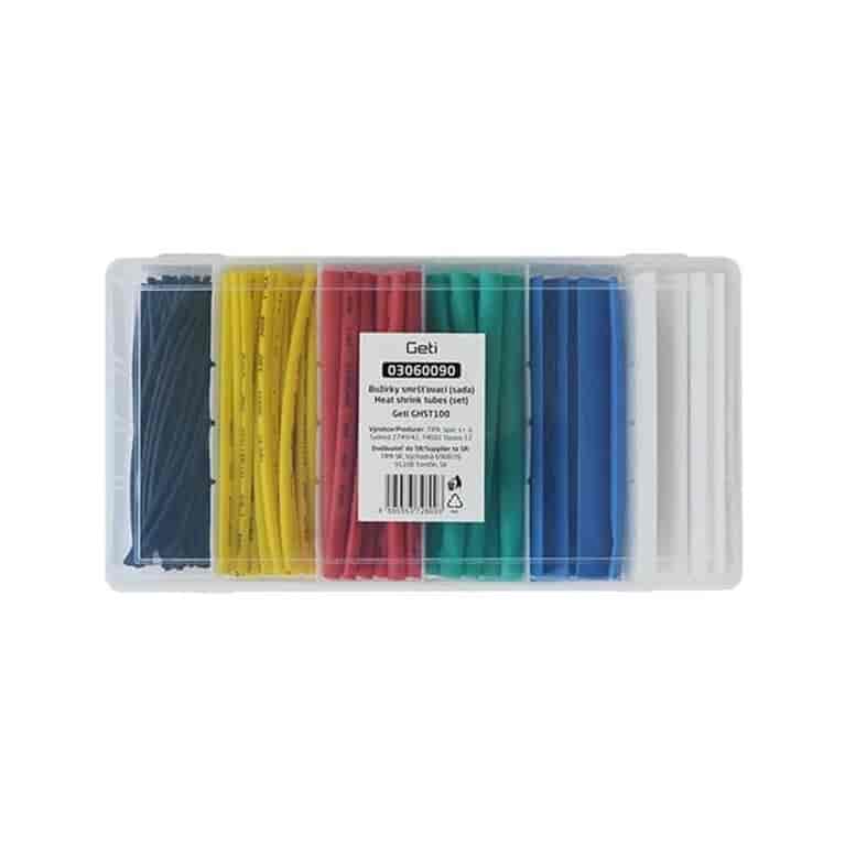 Heat Shrink Tubing Assortment - 100 Pcs, 6 Sizes, Polyolefin, 125°C, Assorted ColorsHeat shrink tubing assortment consisting of 100 pieces of heat shrink tubing with a length of 10 cm. The diameters of the heat shrink tubing vary in six steps from 1.5 to 13 mm. They are made of polyolefin, a material that shrinks when heated. At a temperature of 125°C, they shrink to approximately half of their original diameter.Geti