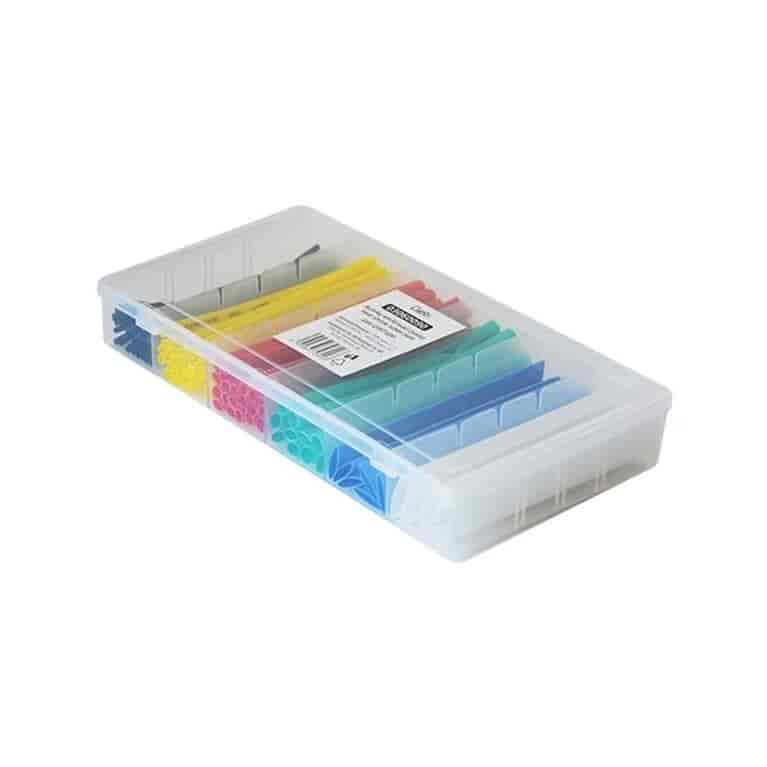 Heat Shrink Tubing Assortment - 100 Pcs, 6 Sizes, Polyolefin, 125°C, Assorted ColorsHeat shrink tubing assortment consisting of 100 pieces of heat shrink tubing with a length of 10 cm. The diameters of the heat shrink tubing vary in six steps from 1.5 to 13 mm. They are made of polyolefin, a material that shrinks when heated. At a temperature of 125°C, they shrink to approximately half of their original diameter.Geti