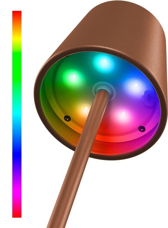LED Table Lamp with Color Change, RGB, and Dimmable, IP44.|Bronze|The LED table lamp with color change is a stylish and functional lighting solution that combines modern technology with elegant design. This wireless rechargeable LED table lamp with color change is perfect for both indoor and outdoor use. The black lamp features a minimalist Scandinavian design that fits beautifully into any room – the living room, bedroom, or dining room – and also creates a fantastic ambiance for garden parties. Its sturdy metal construction ensures both stability and long-lasting durability.goobay