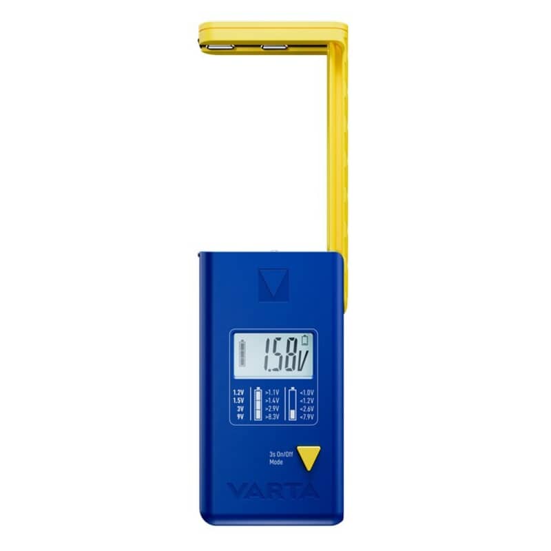 Digital Battery Tester VARTA LCD. Accurate Testing for AAA, AA, C, D, 9VThe VARTA LCD Digital Battery Tester is the ideal solution for quickly checking the status of batteries, accumulators, and button cells. Compatible with AAA, AA, C, D, 9V blocks, and button cells from 1.2V to 3.0V, this tester provides an easy and accurate reading of battery status via a clear LCD display and printed voltage chart. Featuring a practical clamp system and slide lock, it ensures easy insertion and safe use. It includes 2 LR44 button cells and fits perfectly in any toolbox.Varta Digital Battery Tester VARTA LCD. Accurate Testing for AAA, AA, C, D, 9VThe VARTA LCD Digital Battery Tester is the ideal solution for quickly checking the status of batteries, accumulators, and button cells. Compatible with AAA, AA, C, D, 9V blocks, and button cells from 1.2V to 3.0V, this tester provides an easy and accurate reading of battery status via a clear LCD display and printed voltage chart. Featuring a practical clamp system and slide lock, it ensures easy insertion and safe use. It includes 2 LR44 button cells and fits perfectly in any toolbox.Varta