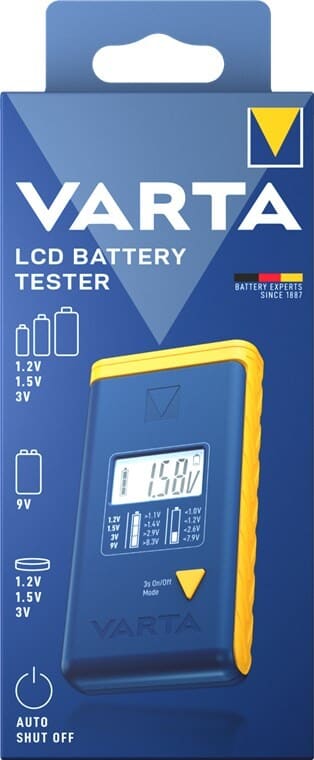 Digital Battery Tester VARTA LCD. Accurate Testing for AAA, AA, C, D, 9VThe VARTA LCD Digital Battery Tester is the ideal solution for quickly checking the status of batteries, accumulators, and button cells. Compatible with AAA, AA, C, D, 9V blocks, and button cells from 1.2V to 3.0V, this tester provides an easy and accurate reading of battery status via a clear LCD display and printed voltage chart. Featuring a practical clamp system and slide lock, it ensures easy insertion and safe use. It includes 2 LR44 button cells and fits perfectly in any toolbox.Varta