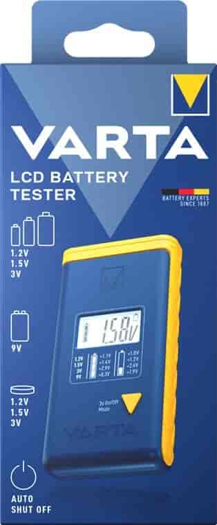 Digital Battery Tester VARTA LCD. Accurate Testing for AAA, AA, C, D, 9VThe VARTA LCD Digital Battery Tester is the ideal solution for quickly checking the status of batteries, accumulators, and button cells. Compatible with AAA, AA, C, D, 9V blocks, and button cells from 1.2V to 3.0V, this tester provides an easy and accurate reading of battery status via a clear LCD display and printed voltage chart. Featuring a practical clamp system and slide lock, it ensures easy insertion and safe use. It includes 2 LR44 button cells and fits perfectly in any toolbox.Varta