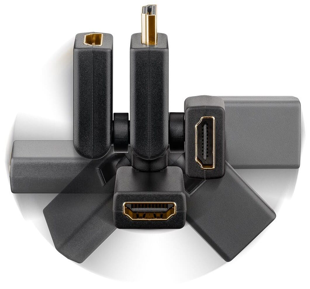 HDMI™ Adapter 360° Flexible, 4K,60Hz, Perfect for Wall-Mounted TVsHDMI adapter with a fully adjustable 360 degree angle and 4K 60Hz support. Ideal when your TV, projector or console is close to the wall and you want to avoid bending the HDMI cable. The adapter improves cable routing and helps maintain stable audio and video quality via HDMI.Quick fix: Place the adapter between your HDMI cable and device, rotate to the best angle, and gain extra clearance behind the screen.goobay