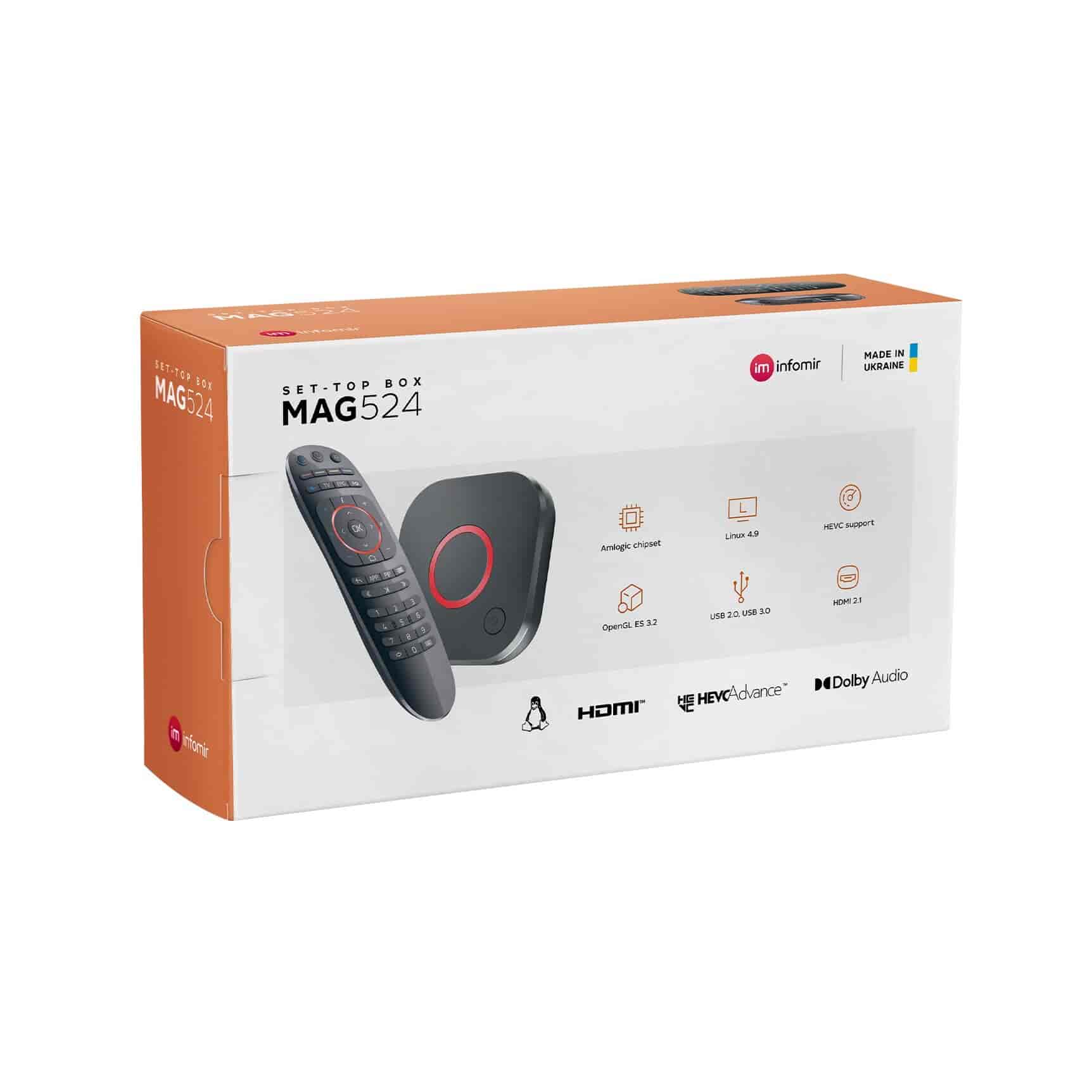 MAG524 4K-compatible Linux IPTV Set-top BoxMAG524 is a generation of Linux-based IPTV set-top boxes with UHD resolution and HEVC support. It comes with the Amlogic S905X2 chipset and ARM Cortex-A53 CPU, 1 GB of RAM, and 4 GB of flash memory, providing enough capacity to store and play high-quality videos. Thanks to the HEVC codec, network load is reduced even when streaming 4K content. The set-top box runs on Linux OS and is equipped with HDMI 2.1, Ethernet (100 Mbps), USB 2.0, USB 3.0, and supports various media formats. NOTE: Limited stock available.Infomir