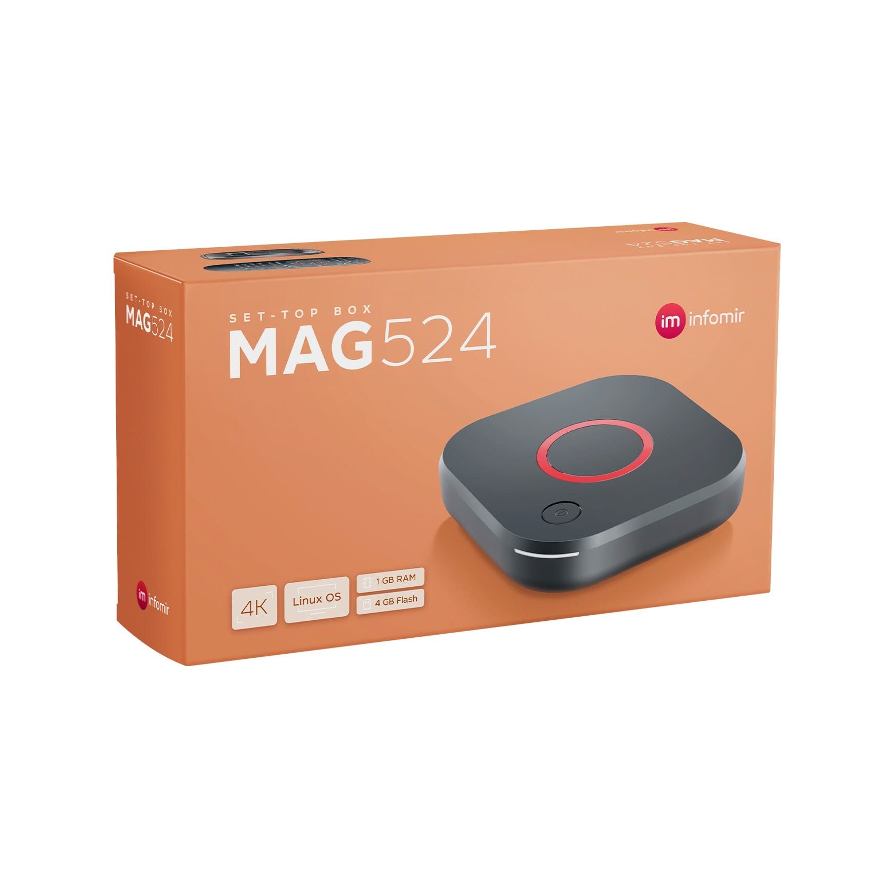 MAG524 4K-compatible Linux IPTV Set-top BoxMAG524 is a generation of Linux-based IPTV set-top boxes with UHD resolution and HEVC support. It comes with the Amlogic S905X2 chipset and ARM Cortex-A53 CPU, 1 GB of RAM, and 4 GB of flash memory, providing enough capacity to store and play high-quality videos. Thanks to the HEVC codec, network load is reduced even when streaming 4K content. The set-top box runs on Linux OS and is equipped with HDMI 2.1, Ethernet (100 Mbps), USB 2.0, USB 3.0, and supports various media formats. NOTE: Limited stock available.Infomir