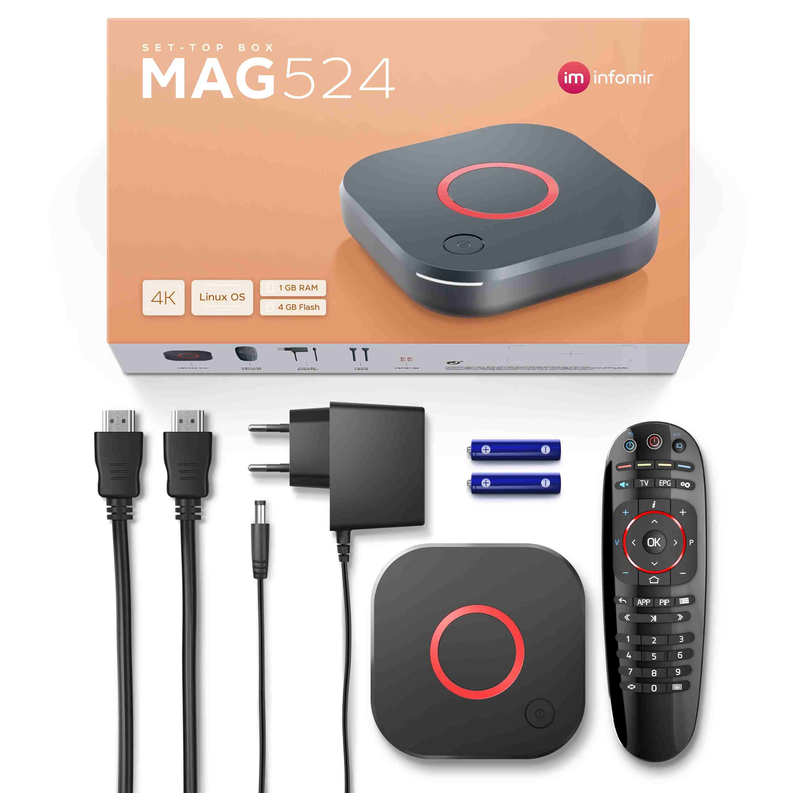 MAG524 4K-compatible Linux IPTV Set-top BoxMAG524 is a generation of Linux-based IPTV set-top boxes with UHD resolution and HEVC support. It comes with the Amlogic S905X2 chipset and ARM Cortex-A53 CPU, 1 GB of RAM, and 4 GB of flash memory, providing enough capacity to store and play high-quality videos. Thanks to the HEVC codec, network load is reduced even when streaming 4K content. The set-top box runs on Linux OS and is equipped with HDMI 2.1, Ethernet (100 Mbps), USB 2.0, USB 3.0, and supports various media formats. NOTE: Limited stock available.Infomir