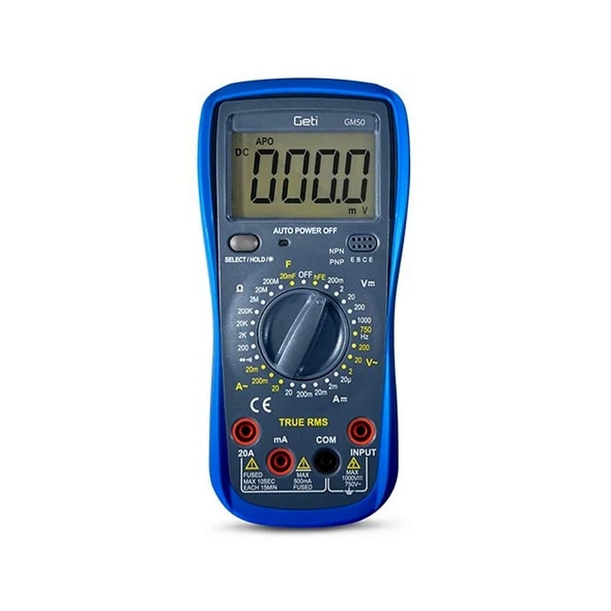GETI GM50G Multimeter, Prisvenligt måleinstrument med transistortestGetiMultimeter Blå Få præcise målinger med det brugervenlige GETI GM50G multimeter, ideelt til professionelle og hjemmet. Dette kompakte måleinstrument måler spænding, strøm, modstand, kapacitet og inkluderer transistortest for ekstra funktionalitet. En stor, baggrundsbelyst skærm sikrer tydelig aflæsning, mens lav batteriindikator, overbelastningsbeskyttelse og kontinuitetstest gør det robust og praktisk. Med enestående fair value får du et multifunktionelt værktøj, der kombinerer avancerede funktioner og en lav pris. Perfekt til fejlfinding, reparation og test af elektriske kredsløb - GETI GM50G leverer mere end forventet.