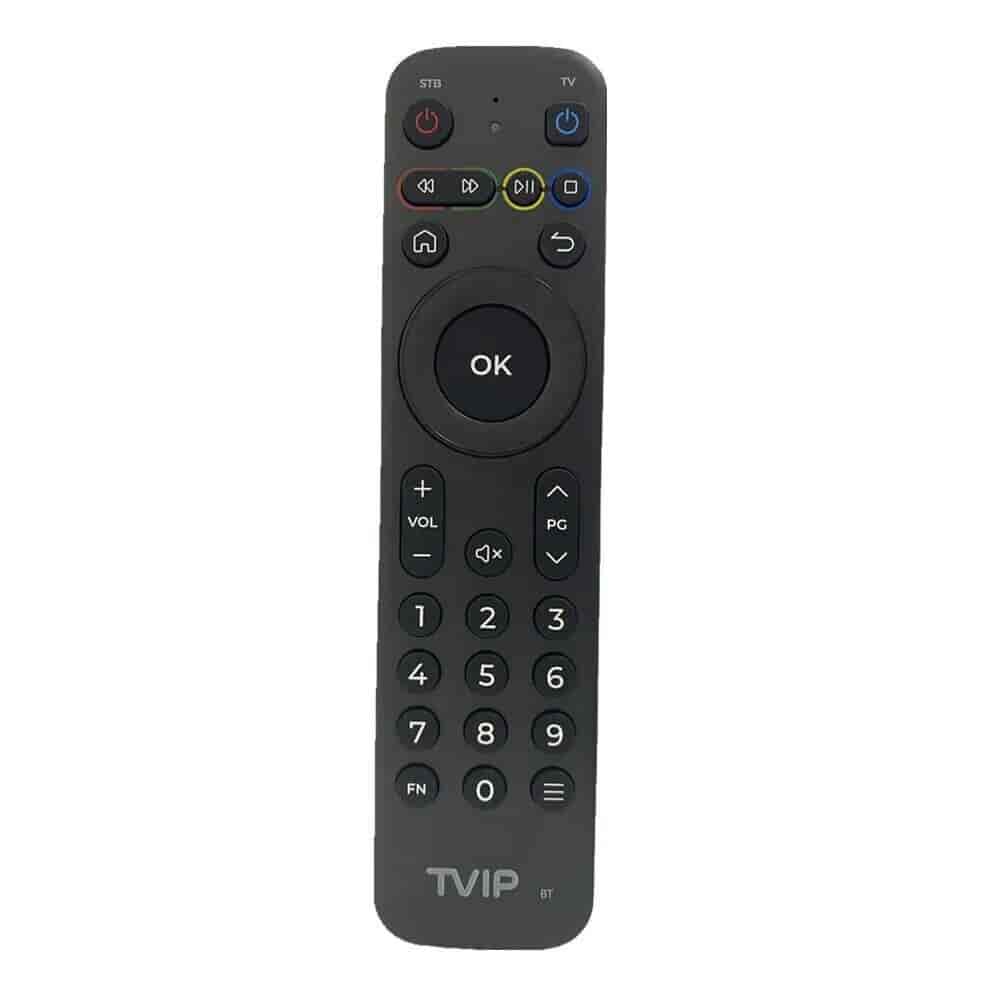 Fjernbetjening til TVIP IR-BT Gen.2TVIPFjernbetjening Sort Fjernbetjening med Bluetooth-teknologi passende til TVIP S-Box v.710 og andre TVIP bokse der anvender generation 2 fjernbetjening. Nogle TVIP IPTV bokse leveres med en fjernbetjening, der understøtter både IR og Bluetooth. Sådanne fjernbetjeninger har betegnelsen "BT" i nederste højre hjørne af logoet. Hvis der ikke er forbindelse til mediecentret via Bluetooth, fungerer fjernbetjeningen i IR-tilstand. Bemærk: dette er generation 2 - kontroller med foto om taster har layout som din gamle enhed.