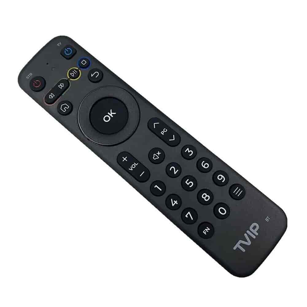 Remote control for TVIP IR-BT Gen.2Remote control with Bluetooth technology suitable for TVIP S-Box v.710 and other TVIP products using generation 2 remote. Some TVIP IPTV boxes come with a remote control that supports both IR and Bluetooth. Such remote controls have the designation "BT" in the lower right corner of the logo. If there is no connection to the media center via Bluetooth, the remote control works in IR mode. Note: this is generation 2 - check with photo if keys have layout like your old device.TVIP