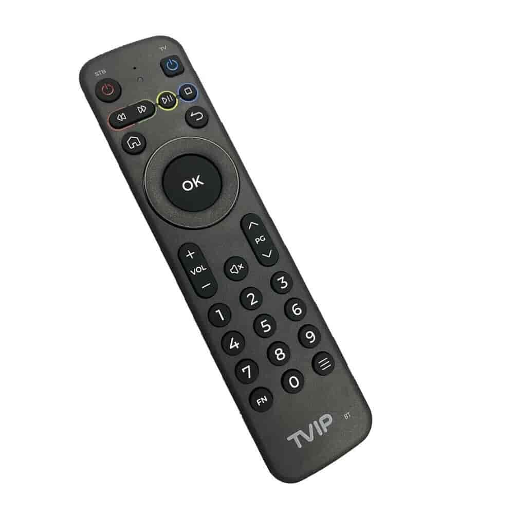Remote control for TVIP IR-BT Gen.2Remote control with Bluetooth technology suitable for TVIP S-Box v.710 and other TVIP products using generation 2 remote. Some TVIP IPTV boxes come with a remote control that supports both IR and Bluetooth. Such remote controls have the designation "BT" in the lower right corner of the logo. If there is no connection to the media center via Bluetooth, the remote control works in IR mode. Note: this is generation 2 - check with photo if keys have layout like your old device.TVIP