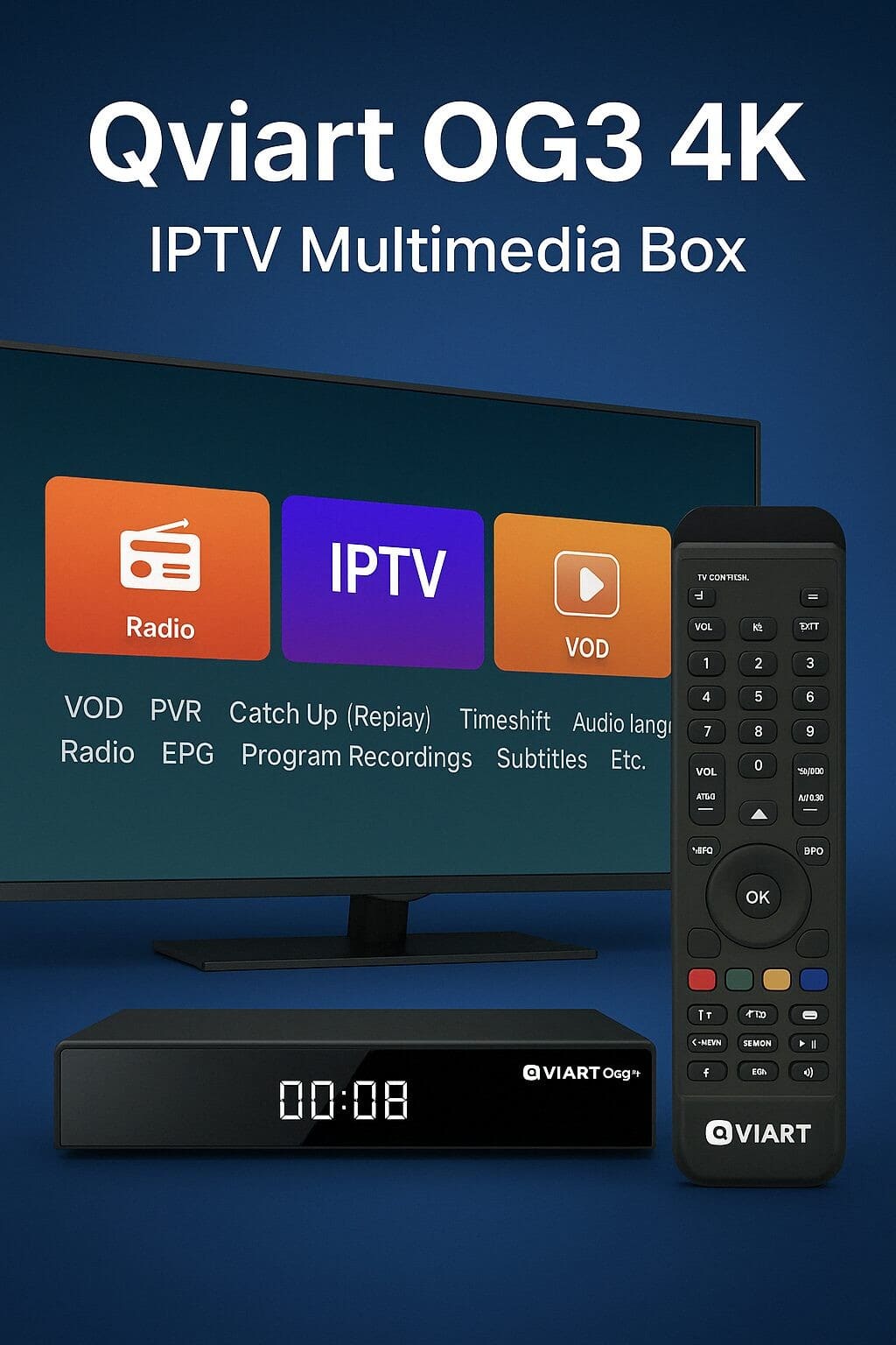 Qviart OG3 4K Streaming box WiFi Linux 4K UHD QTV appQviart OG3 4K is the latest IPTV and streaming box in Qviart's popular series. It is designed for users who want total freedom fast access to their favorite services and a stable 4K streaming experience without being tied to any provider. With a powerful GOKE processor built-in dual band WiFi and a user-friendly Linux system you are ready for the TV experience of the future. The improved remote control with learning function gives you full control of both the box and your TV. The box supports all popular IPTV formats including Stalker QTV Xtream and M3U and provides access to EPG VOD recordings subtitles and more. You can also enjoy apps like Netflix YouTube and Amazon Prime directly on the device. New box from Qviart- In stock now!QVIART LUNIX
