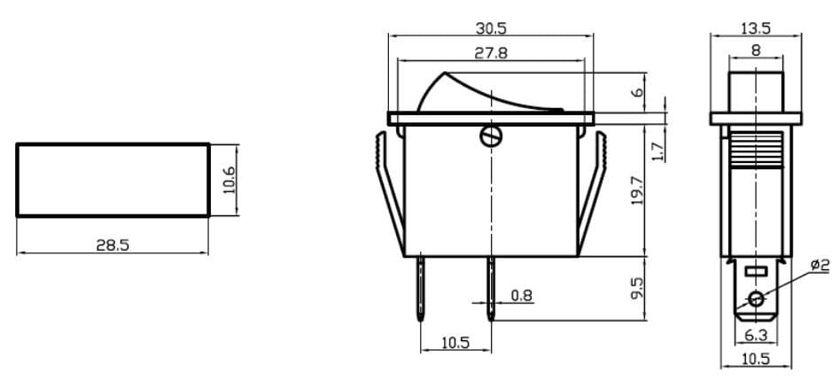 vippekontakt ON/OFF 250V/15A, 2-polet, rektangulær, blåN.A.Vippeomskiftere 11x30 Sort - Blå CE- og TÜV-godkendt 2-polet vippekontakt 250V/15A med blå baggrundsbelysning. Rektangulær snap-in montering. Ideel til apparater, kontrolpaneler, ventilationsanlæg, elbokse og industrielle styringer, hvor visuel status, høj strømkapacitet og sikkerhedscertificeringer er påkrævet.