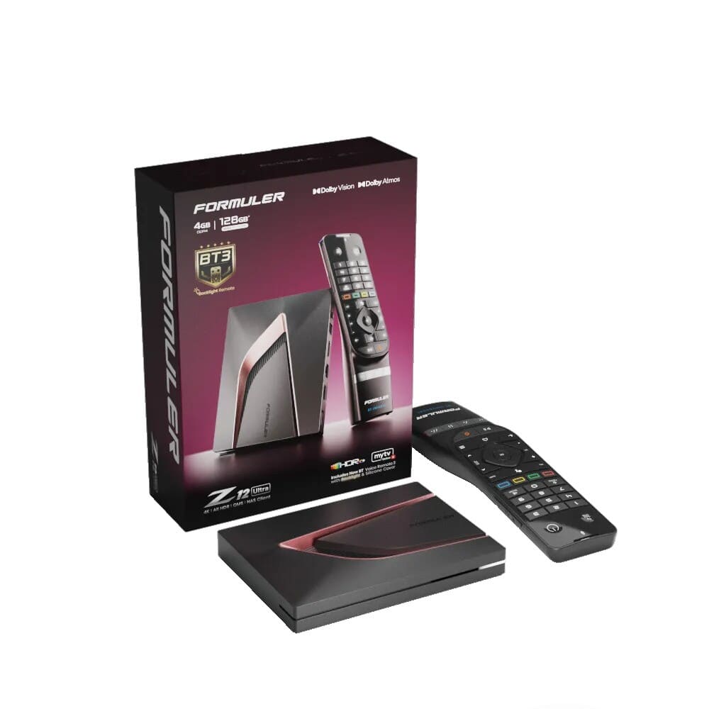 Formuler Z12 Ultra BT3 multimedia boks 4K, Android 12, 128 GB, Wi-Fi 6EFormuler Z12 Ultra BT3 is a high-end IPTV box designed for demanding users. With Android 12, 4 GB DDR4 RAM and a huge 128 GB eMMC storage, it delivers lightning-fast performance, plenty of space and supports internal recording and timeshift. Experience stunning Dolby Vision, HDR10+ and immersive Dolby Atmos audio. Wi-Fi 6E, Bluetooth 5.2 and Gigabit LAN ensure maximum stability, while MYTVOnline 3 provides a modern interface. The included BT3 remote features backlit keys, voice assistant, IR learning and Find My Remote.Formuler