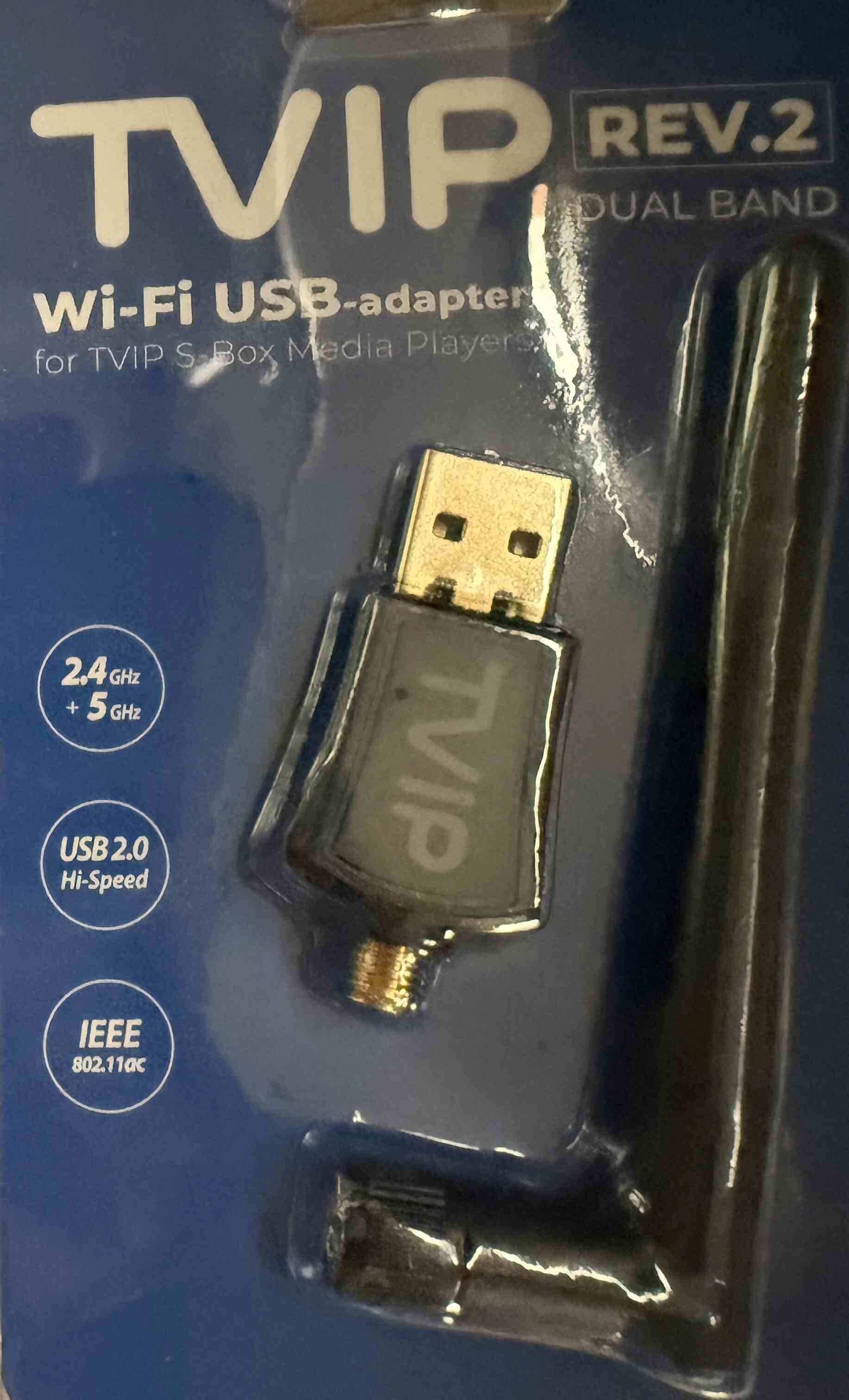 TVIP USB WiFi Adapter 600 Mbit Dual Band WiFi 2.4/5 GHz Rev.2Enjoy wireless freedom with the official TVIP USB WiFi Adapter (EAN 7640150158089). This compact USB 2.0 WLAN stick supports IEEE 802.11 b/g/n on 2.4 GHz and n/ac on 5 GHz with speeds up to 600 Mbit and 20 dBm signal strength. Designed for use with TVIP S-Box mediacenters (v.41x, v.5xx, v.60x under Linux-Qt firmware 5.0.36+ and v.7xx under Android firmware), it also works with Windows and Linux/Qt systems. A perfect solution for stable streaming and IPTV without the need for cables. Lightweight and easy to install – just plug it into a USB port and connect to your WiFi.TVIP