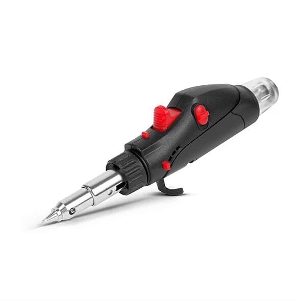 3-in-1 Mini Gas Soldering Iron. Soldering, Hot Air Blower & Jet TorchA compact 3-in-1 multifunctional gas soldering iron, perfect for any DIY toolbox. Ideal for precision soldering, hot air applications such as heat-shrink tubing, and light heating tasks. Equipped with a safety switch, adjustable flame control, piezo ignition, gas level window, and foldable support stand. By removing the soldering tip, it easily converts into a hot air blower. The refillable gas tank ensures long-term use. Supplied with soldering tip, hot air blower head, and protective cap – ready for a wide range of electronics work, hobby projects, and small repairs.N.A.