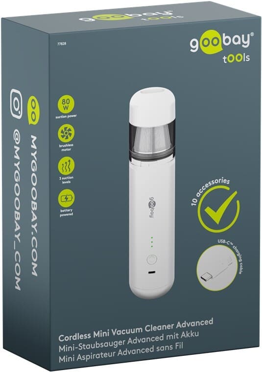 Rechargeable mini handheld vacuum 80 W - USB-C and blow functionRechargeable mini handheld vacuum 80 W with USB-C charging, 3 power levels and blow function. Bagless dust cup, washable filter, and a total of 10 accessories for precise cleaning of keyboards, car interiors and hard-to-reach corners.goobay
