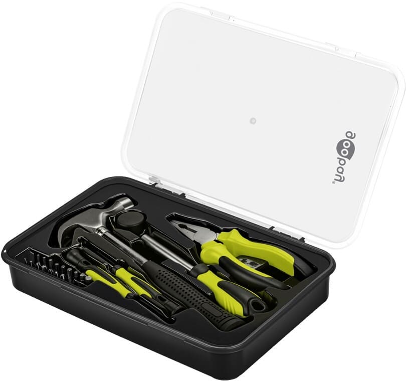 Goobay Starter Tool Kit 26 pcs - hammer, pliers, bits, screwdriversCompact 26-piece Goobay tool kit for DIY jobs in an apartment or house. Includes claw hammer, combination pliers, screwdrivers and 20 S2 steel bits in a sturdy box with clear lid. goobay