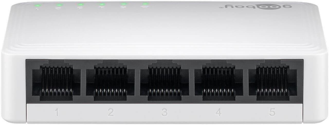 5-Port Gigabit Network Switch 10/100/1000 Mbps, 5x RJ45Expand your wired network quickly and easily with this compact 5-port Gigabit network switch. It is perfect for home, office or gaming setups where multiple devices need a stable wired internet connection. With up to 5 network ports for PCs, smart TVs, game consoles, printers or NAS devices, you get a reliable connection without lag.The switch supports Gigabit speeds up to 1000 Mbps and automatically distributes bandwidth to connected devices. True plug and play means you simply connect the cables and it is ready to use with no software or configuration required. The fanless, silent design makes it ideal for living rooms and offices, while energy-saving Green Ethernet technology can reduce power consumption by up to about 75 percent, saving both energy and money.goobay