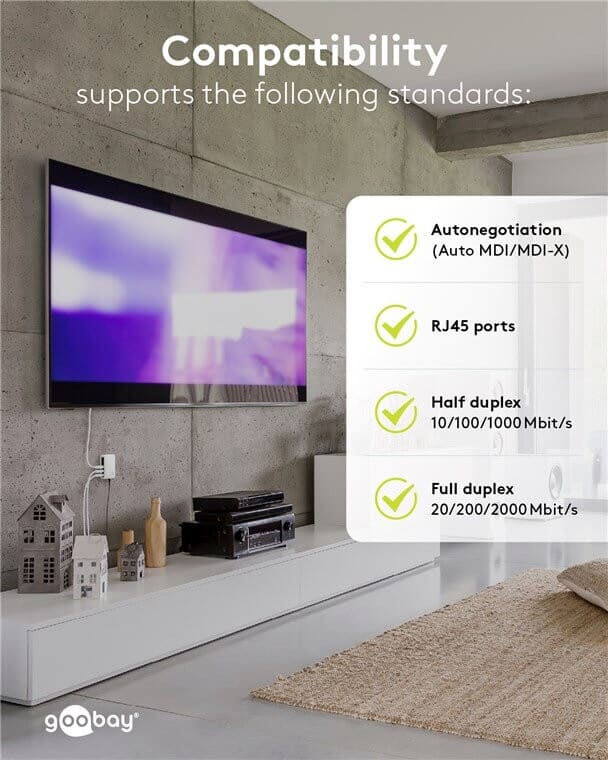 5-Port Gigabit Network Switch 10/100/1000 Mbps, 5x RJ45Expand your wired network quickly and easily with this compact 5-port Gigabit network switch. It is perfect for home, office or gaming setups where multiple devices need a stable wired internet connection. With up to 5 network ports for PCs, smart TVs, game consoles, printers or NAS devices, you get a reliable connection without lag.The switch supports Gigabit speeds up to 1000 Mbps and automatically distributes bandwidth to connected devices. True plug and play means you simply connect the cables and it is ready to use with no software or configuration required. The fanless, silent design makes it ideal for living rooms and offices, while energy-saving Green Ethernet technology can reduce power consumption by up to about 75 percent, saving both energy and money.goobay