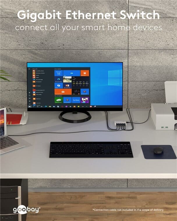5-Port Gigabit Network Switch 10/100/1000 Mbps, 5x RJ45Expand your wired network quickly and easily with this compact 5-port Gigabit network switch. It is perfect for home, office or gaming setups where multiple devices need a stable wired internet connection. With up to 5 network ports for PCs, smart TVs, game consoles, printers or NAS devices, you get a reliable connection without lag.The switch supports Gigabit speeds up to 1000 Mbps and automatically distributes bandwidth to connected devices. True plug and play means you simply connect the cables and it is ready to use with no software or configuration required. The fanless, silent design makes it ideal for living rooms and offices, while energy-saving Green Ethernet technology can reduce power consumption by up to about 75 percent, saving both energy and money.goobay