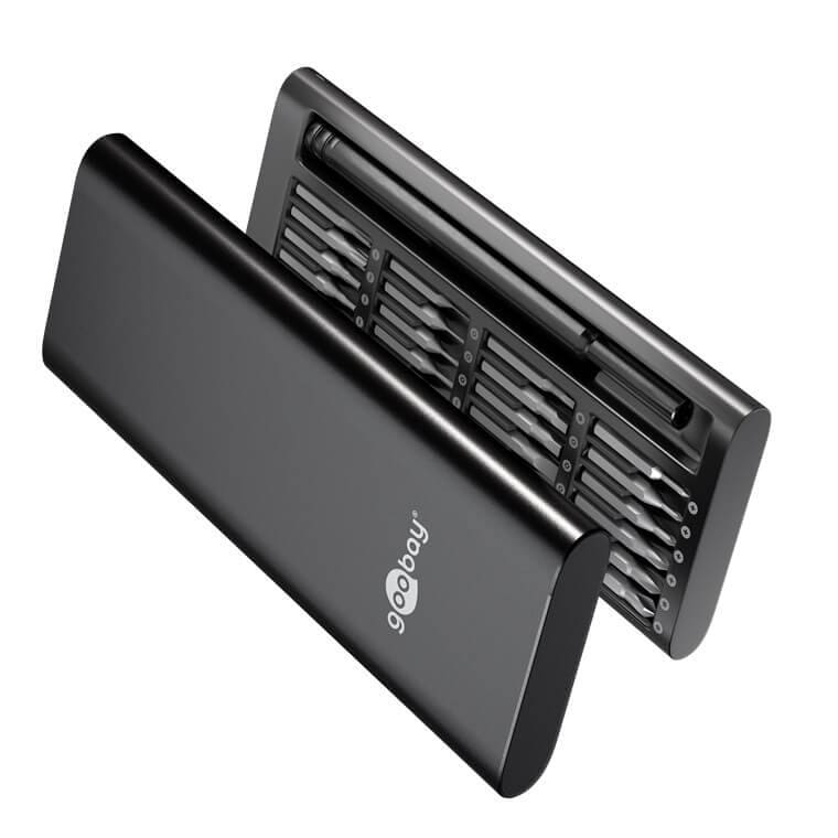 24-in-1 Precision Screwdriver Set for Electronics, S2 Steel BitsHigh-quality 24-in-1 precision screwdriver set with S2 steel bits in a slim aluminium pop-up case. Designed for delicate electronics and fine mechanical work on laptops, PCs, smartphones, drones, watches and more.Choose this precision screwdriver set if you want professional tool quality at a very fair price.goobay