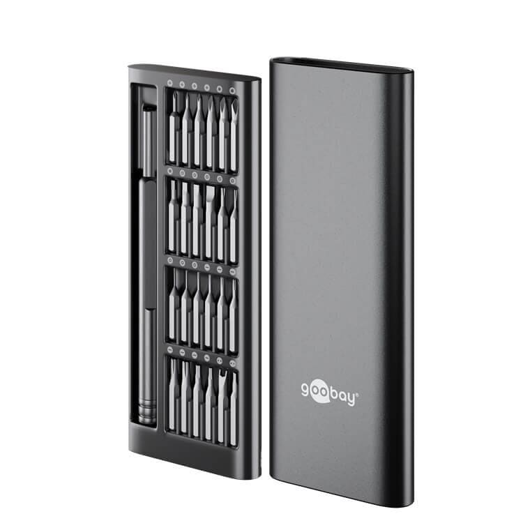 24-in-1 Precision Screwdriver Set for Electronics, S2 Steel BitsHigh-quality 24-in-1 precision screwdriver set with S2 steel bits in a slim aluminium pop-up case. Designed for delicate electronics and fine mechanical work on laptops, PCs, smartphones, drones, watches and more.Choose this precision screwdriver set if you want professional tool quality at a very fair price.goobay