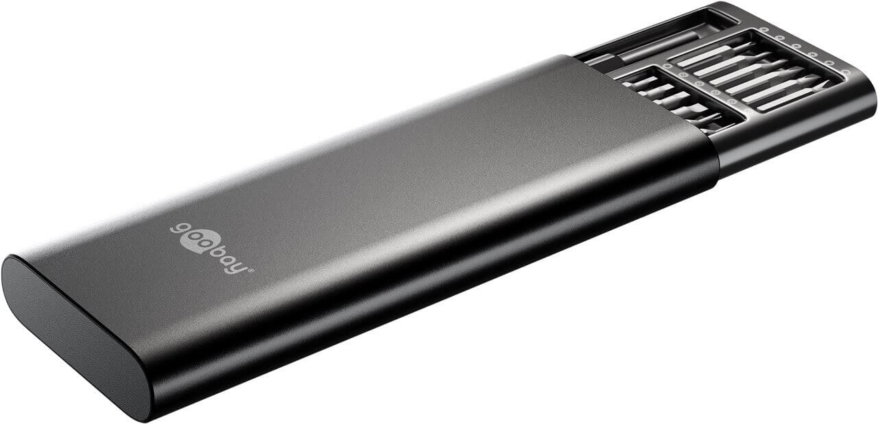 24-in-1 Precision Screwdriver Set for Electronics, S2 Steel BitsHigh-quality 24-in-1 precision screwdriver set with S2 steel bits in a slim aluminium pop-up case. Designed for delicate electronics and fine mechanical work on laptops, PCs, smartphones, drones, watches and more.Choose this precision screwdriver set if you want professional tool quality at a very fair price.goobay