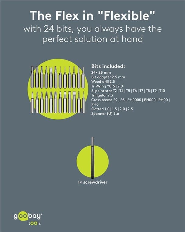 24-in-1 Precision Screwdriver Set for Electronics, S2 Steel BitsHigh-quality 24-in-1 precision screwdriver set with S2 steel bits in a slim aluminium pop-up case. Designed for delicate electronics and fine mechanical work on laptops, PCs, smartphones, drones, watches and more.Choose this precision screwdriver set if you want professional tool quality at a very fair price.goobay