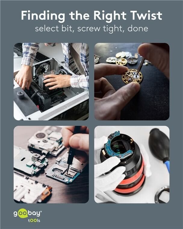 24-in-1 Precision Screwdriver Set for Electronics, S2 Steel BitsHigh-quality 24-in-1 precision screwdriver set with S2 steel bits in a slim aluminium pop-up case. Designed for delicate electronics and fine mechanical work on laptops, PCs, smartphones, drones, watches and more.Choose this precision screwdriver set if you want professional tool quality at a very fair price.goobay