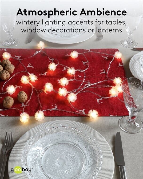 LED snowball string lights 20 warm white, battery, long, timerCreate a cosy atmosphere at home with these extra long LED snowball string lights. With 20 warm white lights along almost 3 metres, they are perfect for table decorations, window sills and other indoor styling. Battery operation and a timer make them easy to use every day.Ideal for anyone who loves decorating the home and creating a warm and inviting feeling.goobay