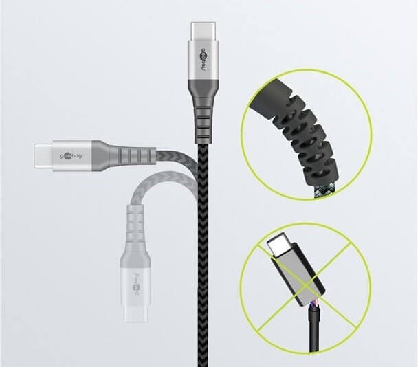 USB-C til USB-C kabel 60W (3A)-1 m robust tekstil-metal-knækaflastningDurable USB-C to USB-C cable (1 m) with metal plugs and strain relief Made for everyday use if you are tired of cheap cables that fail near the connector. The braided textile jacket and reinforced plugs improve durability, while you still get up to 60W charging and reliable data transfer.Choose a cable built to last - 60W (20V/3A) charging and 480 Mbps data.goobay