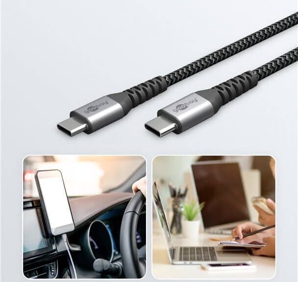 USB-C til USB-C kabel 60W (3A)-1 m robust tekstil-metal-knækaflastningDurable USB-C to USB-C cable (1 m) with metal plugs and strain relief Made for everyday use if you are tired of cheap cables that fail near the connector. The braided textile jacket and reinforced plugs improve durability, while you still get up to 60W charging and reliable data transfer.Choose a cable built to last - 60W (20V/3A) charging and 480 Mbps data.goobay