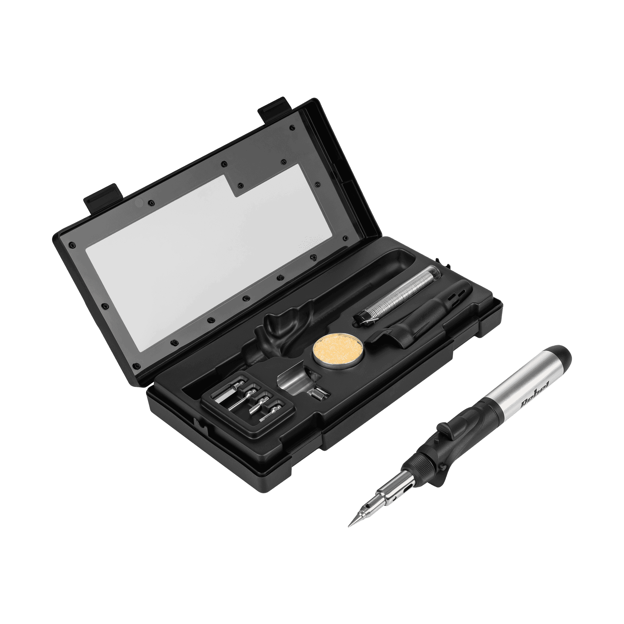 Gas Soldering Iron Kit - tip 200-500°C, flame up to 1300°CCordless gas soldering iron kit for precise soldering and heating tasks when you are away from mains power. Adjustable tip temperature 200-500°C and flame up to 1300°C make it a flexible tool for field repairs, installation work, and DIY projects.The 17 ml tank provides approx. 30 minutes of continuous use per fill, and the included accessories let you handle soldering, shrink tubing, wood burning and other light-duty heat jobs.Need a portable solution? Add this gas soldering iron kit to your cart and be ready for repairs anywhere.Rebel