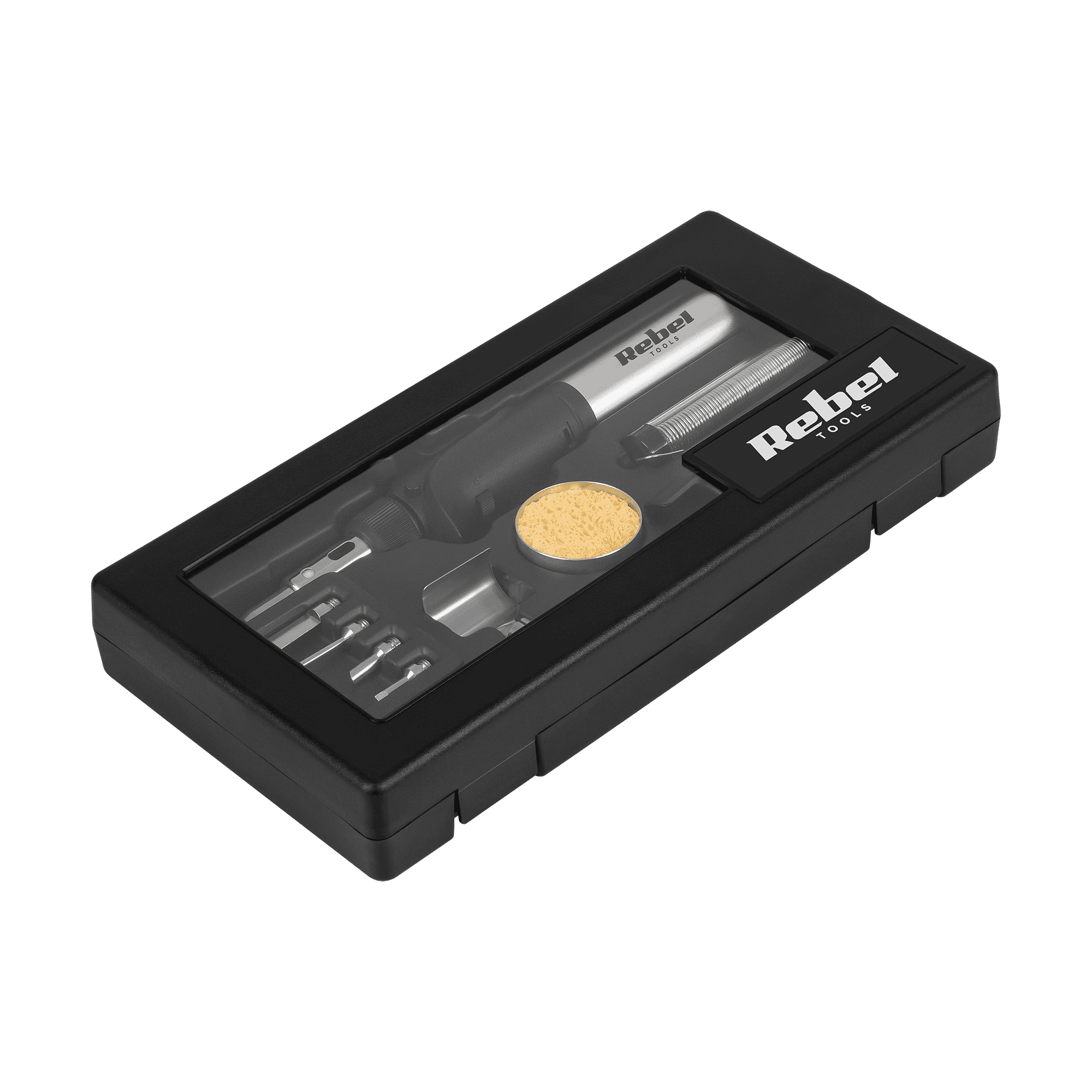 Gas Soldering Iron Kit - tip 200-500°C, flame up to 1300°CCordless gas soldering iron kit for precise soldering and heating tasks when you are away from mains power. Adjustable tip temperature 200-500°C and flame up to 1300°C make it a flexible tool for field repairs, installation work, and DIY projects.The 17 ml tank provides approx. 30 minutes of continuous use per fill, and the included accessories let you handle soldering, shrink tubing, wood burning and other light-duty heat jobs.Need a portable solution? Add this gas soldering iron kit to your cart and be ready for repairs anywhere.Rebel
