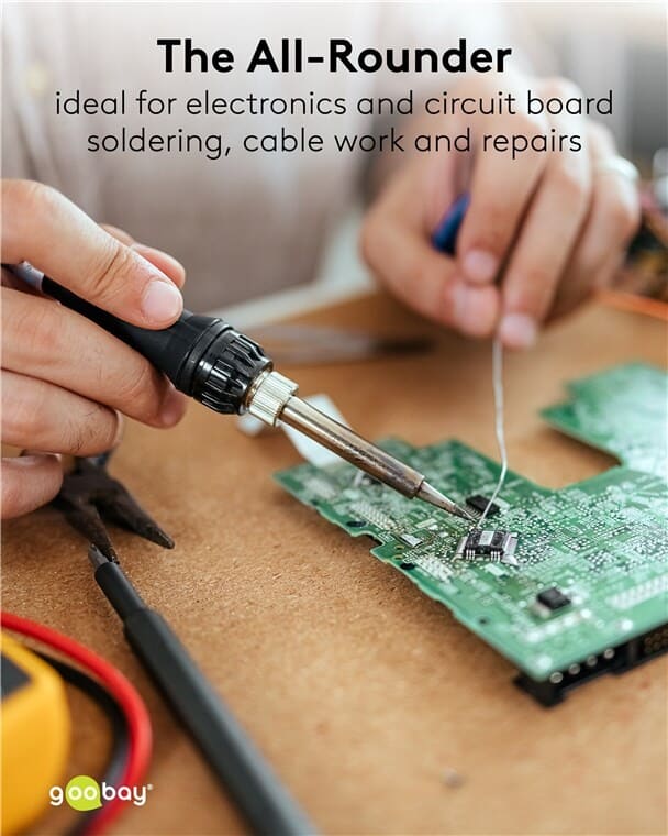 Goobay soldering iron kit 12 pcs 60 W 100-500 C with caseGoobay soldering iron kit (12 pcs) is a complete soldering set for anyone who wants a reliable soldering iron with essential accessories in one compact case. The soldering iron offers 5 temperature settings (100-500 C / 25-60 W) and is suitable for soldering wires and connectors as well as electronics and PCBs. Includes extra soldering tips, a desoldering pump, stand with sponge, wire stripper and tweezers, so you can get started right away. Choose a soldering iron kit that is ready to use from day one.goobay