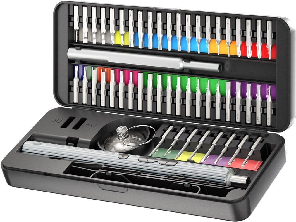 58-in-1 electric precision screwdriver set, 50 bits, USB-C, LEDPremium 58-in-1 electric precision screwdriver set for small screws and delicate work. Includes 50 S2 bits, 3 front LEDs for better visibility, left/right rotation and 3 torque steps (0.25-0.35 Nm) for controlled screwdriving.USB-C rechargeable and well suited for electronics and precision tasks such as smartphones, laptops, PCs, drones, glasses and watches.Upgrade your precision work with a complete kit where bits and accessories are organized and ready to use.goobay