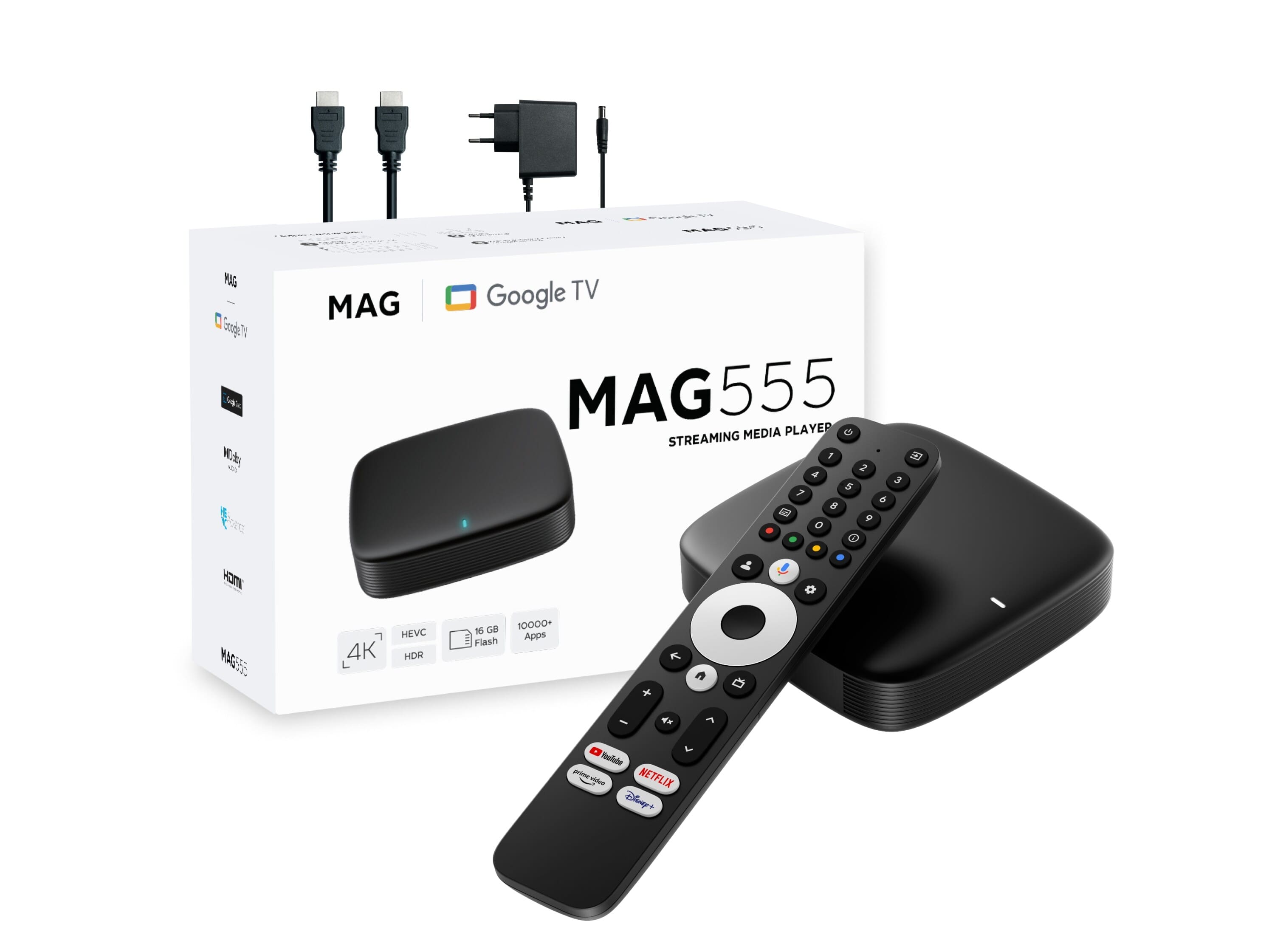 MAG555 streamingboks med Google TV 12 - 4K HDR og ChromecastInfomirMAG Sort MAG555MAG555 er en kompakt streamingboks med Google TV 12. Du tilslutter den til dit TV via HDMI og får en moderne smart TV-oplevelse med apps fra Google Play og en startside, der samler dit indhold mere overskueligt.Boksen understøtter 4K (op til 60 fps) og HDR (HDR10, HLG, HDR10+). Den har 2 GB RAM og 16 GB eMMC lager samt dual-band Wi-Fi ac (2x2 MIMO), Ethernet og Bluetooth 5.0+.MAG555 er certificeret til Netflix, Amazon Prime Video og YouTube og anvender Widevine DRM. Den har indbygget Chromecast (Google Cast), så du kan caste kompatibelt indhold fra mobil eller tablet til TV'et.Et oplagt valg, hvis du vil have Google TV, 4K HDR og Chromecast samlet i en stabil streamingboks.