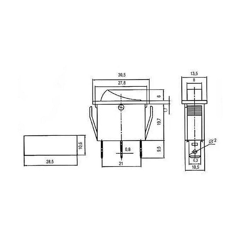 Rocker Switch 250V~ 15A ON/OFF Yellow IndicatorIRS-101 rocker switch for mains voltage with ON/OFF function and a built-in yellow indicator light. The switch is marked 250V~ 15A and 125V~ 20A and is suitable for panel mounting in appliances and control enclosures where you want a clear status indication when the switch is ON. In short: Robust illuminated ON/OFF rocker switch for 230-250V AC with yellow indicator and clear operation.N.A.