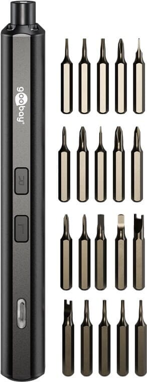 Electric precision screwdriver USB-C - 20 bits and LED work lightSlim electric precision screwdriver in an aluminium design with a magnetic bit holder and a compact storage case. Built for fine mechanics and electronics work, such as smartphones, laptops, PCs, drones and small assemblies where control matters.Key points: 20 clearly organised precision bits, 4 front LEDs for shadow-free light and USB-C charging.Ready for precise work? Order the set and keep a compact, rechargeable driver close at hand for daily service tasks.goobay