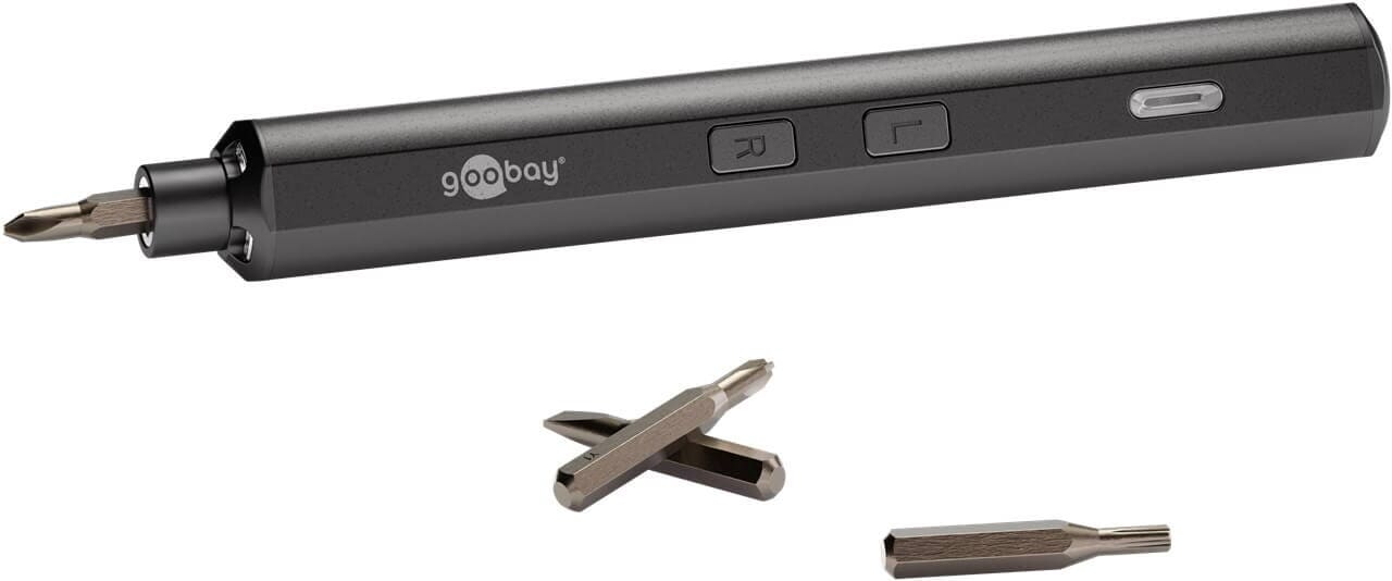 Electric precision screwdriver USB-C - 20 bits and LED work lightSlim electric precision screwdriver in an aluminium design with a magnetic bit holder and a compact storage case. Built for fine mechanics and electronics work, such as smartphones, laptops, PCs, drones and small assemblies where control matters.Key points: 20 clearly organised precision bits, 4 front LEDs for shadow-free light and USB-C charging.Ready for precise work? Order the set and keep a compact, rechargeable driver close at hand for daily service tasks.goobay