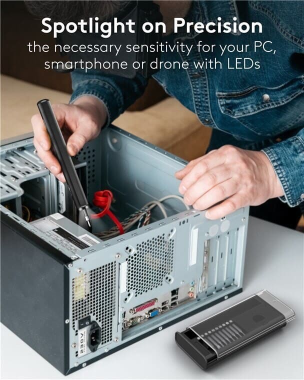 Electric precision screwdriver USB-C - 20 bits and LED work lightSlim electric precision screwdriver in an aluminium design with a magnetic bit holder and a compact storage case. Built for fine mechanics and electronics work, such as smartphones, laptops, PCs, drones and small assemblies where control matters.Key points: 20 clearly organised precision bits, 4 front LEDs for shadow-free light and USB-C charging.Ready for precise work? Order the set and keep a compact, rechargeable driver close at hand for daily service tasks.goobay