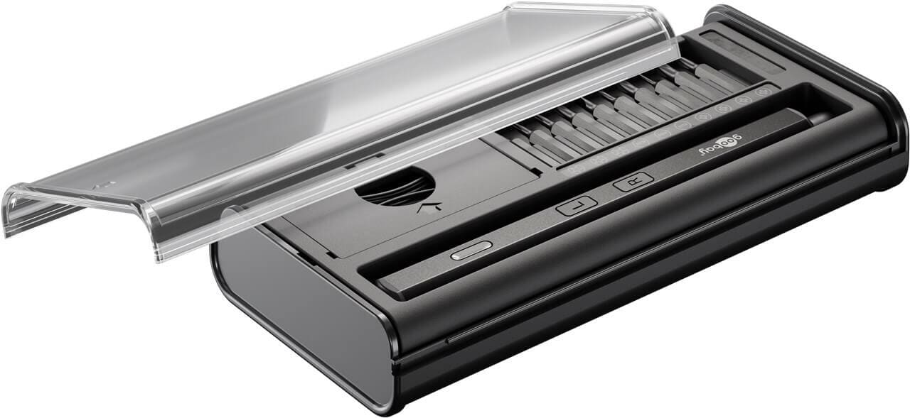 Electric precision screwdriver USB-C - 20 bits and LED work lightSlim electric precision screwdriver in an aluminium design with a magnetic bit holder and a compact storage case. Built for fine mechanics and electronics work, such as smartphones, laptops, PCs, drones and small assemblies where control matters.Key points: 20 clearly organised precision bits, 4 front LEDs for shadow-free light and USB-C charging.Ready for precise work? Order the set and keep a compact, rechargeable driver close at hand for daily service tasks.goobay