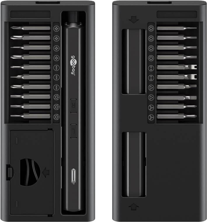 Electric precision screwdriver USB-C - 20 bits and LED work lightSlim electric precision screwdriver in an aluminium design with a magnetic bit holder and a compact storage case. Built for fine mechanics and electronics work, such as smartphones, laptops, PCs, drones and small assemblies where control matters.Key points: 20 clearly organised precision bits, 4 front LEDs for shadow-free light and USB-C charging.Ready for precise work? Order the set and keep a compact, rechargeable driver close at hand for daily service tasks.goobay