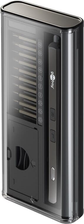 Electric precision screwdriver USB-C - 20 bits and LED work lightSlim electric precision screwdriver in an aluminium design with a magnetic bit holder and a compact storage case. Built for fine mechanics and electronics work, such as smartphones, laptops, PCs, drones and small assemblies where control matters.Key points: 20 clearly organised precision bits, 4 front LEDs for shadow-free light and USB-C charging.Ready for precise work? Order the set and keep a compact, rechargeable driver close at hand for daily service tasks.goobay