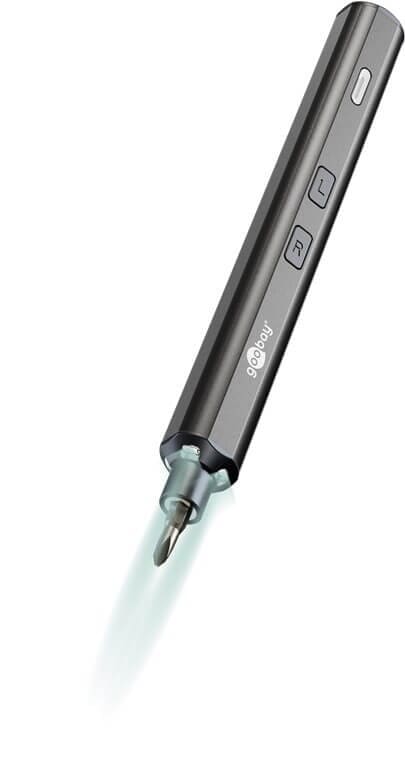Electric precision screwdriver USB-C - 20 bits and LED work lightSlim electric precision screwdriver in an aluminium design with a magnetic bit holder and a compact storage case. Built for fine mechanics and electronics work, such as smartphones, laptops, PCs, drones and small assemblies where control matters.Key points: 20 clearly organised precision bits, 4 front LEDs for shadow-free light and USB-C charging.Ready for precise work? Order the set and keep a compact, rechargeable driver close at hand for daily service tasks.goobay