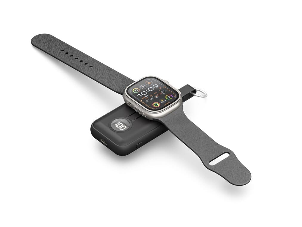 Wireless Power Bank for Apple Watch 2500 mAh with USB-CThis ultra-compact power bank is designed for Apple Watch and gives you extra power on the go, without needing a wall socket. Simply place your watch on the magnetic charging surface and enjoy stable wireless charging, ideal for travel, commuting and long days away from home.You also get USB-C, a digital LED percentage display and a practical key ring, so it can be securely attached to your bag, backpack or keys.Order now and keep a small, reliable backup for your Apple Watch, so you never run out of power when you need it most.goobay