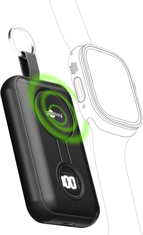 Trådløs powerbank til Apple Watch 2500 mAh med USB-CgoobayPowerbank Sort Denne ultrakompakte powerbank er lavet til Apple Watch og giver dig ekstra strøm på farten, helt uden at du skal finde en stikkontakt. Du lægger uret på den magnetiske ladeflade, og så oplader den med stabil trådløs opladning, perfekt til rejser, pendling og lange dage.Du får også USB-C, digital LED-procentvisning og en praktisk nøglering, så den kan sidde fast i taske, rygsæk eller på nøglerne.Bestil nu og få en lille, sikker backup til dit Apple Watch, så du ikke løber tør for strøm undervejs.