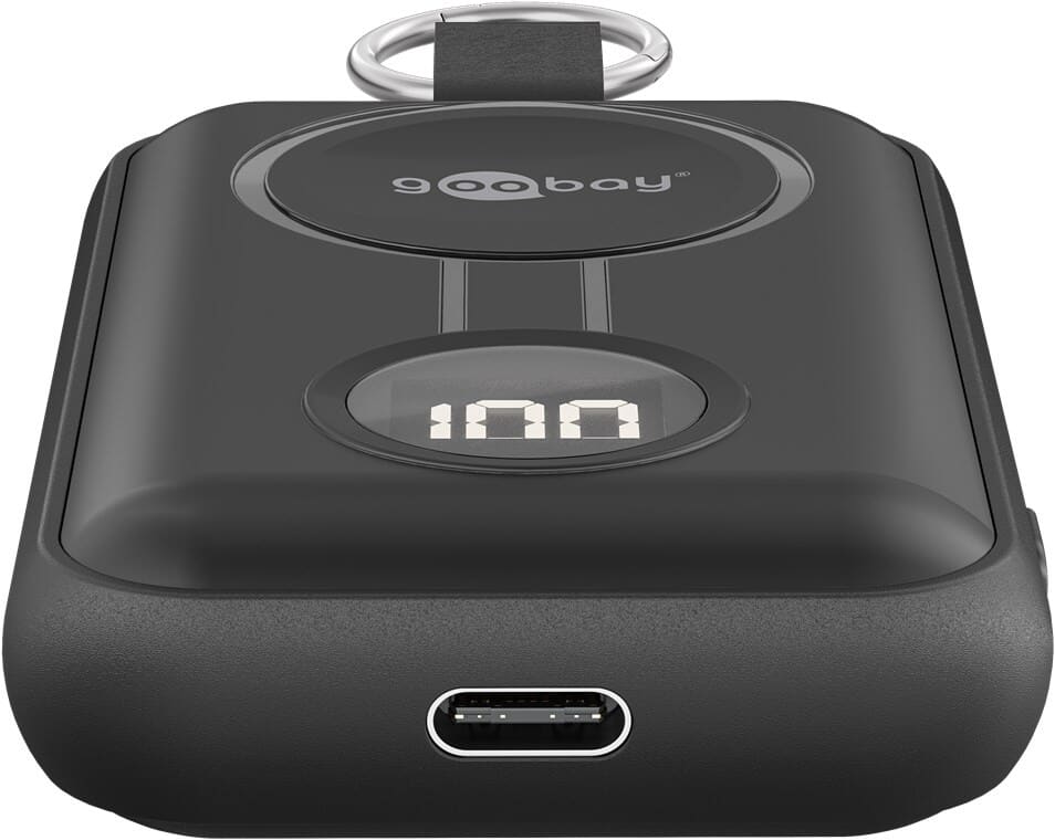 Wireless Power Bank for Apple Watch 2500 mAh with USB-CThis ultra-compact power bank is designed for Apple Watch and gives you extra power on the go, without needing a wall socket. Simply place your watch on the magnetic charging surface and enjoy stable wireless charging, ideal for travel, commuting and long days away from home.You also get USB-C, a digital LED percentage display and a practical key ring, so it can be securely attached to your bag, backpack or keys.Order now and keep a small, reliable backup for your Apple Watch, so you never run out of power when you need it most.goobay