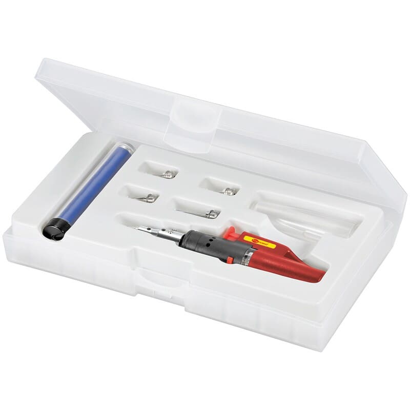 Butane gas powered soldering iron set with electric piezo ignition system