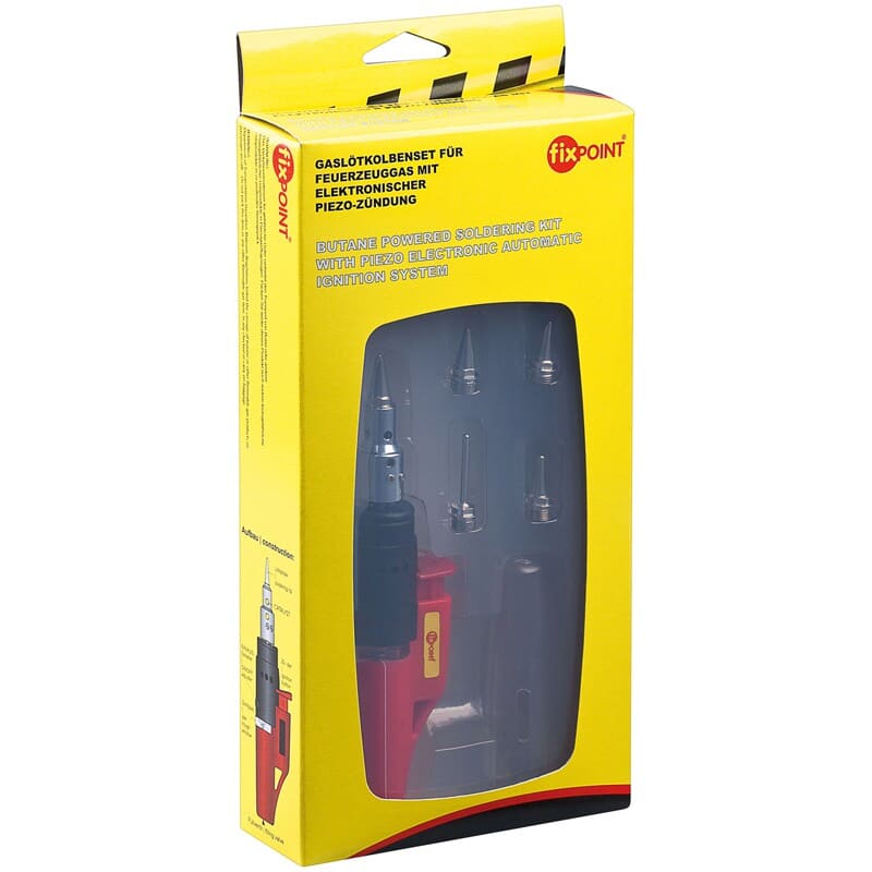 Butane gas powered soldering iron set with electric piezo ignition system